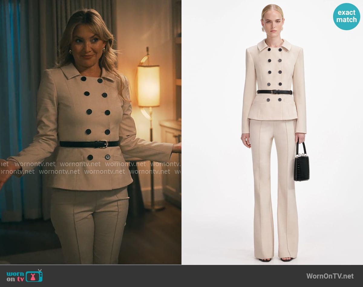 Isla’s cream double breasted jacket with belt on Running Point