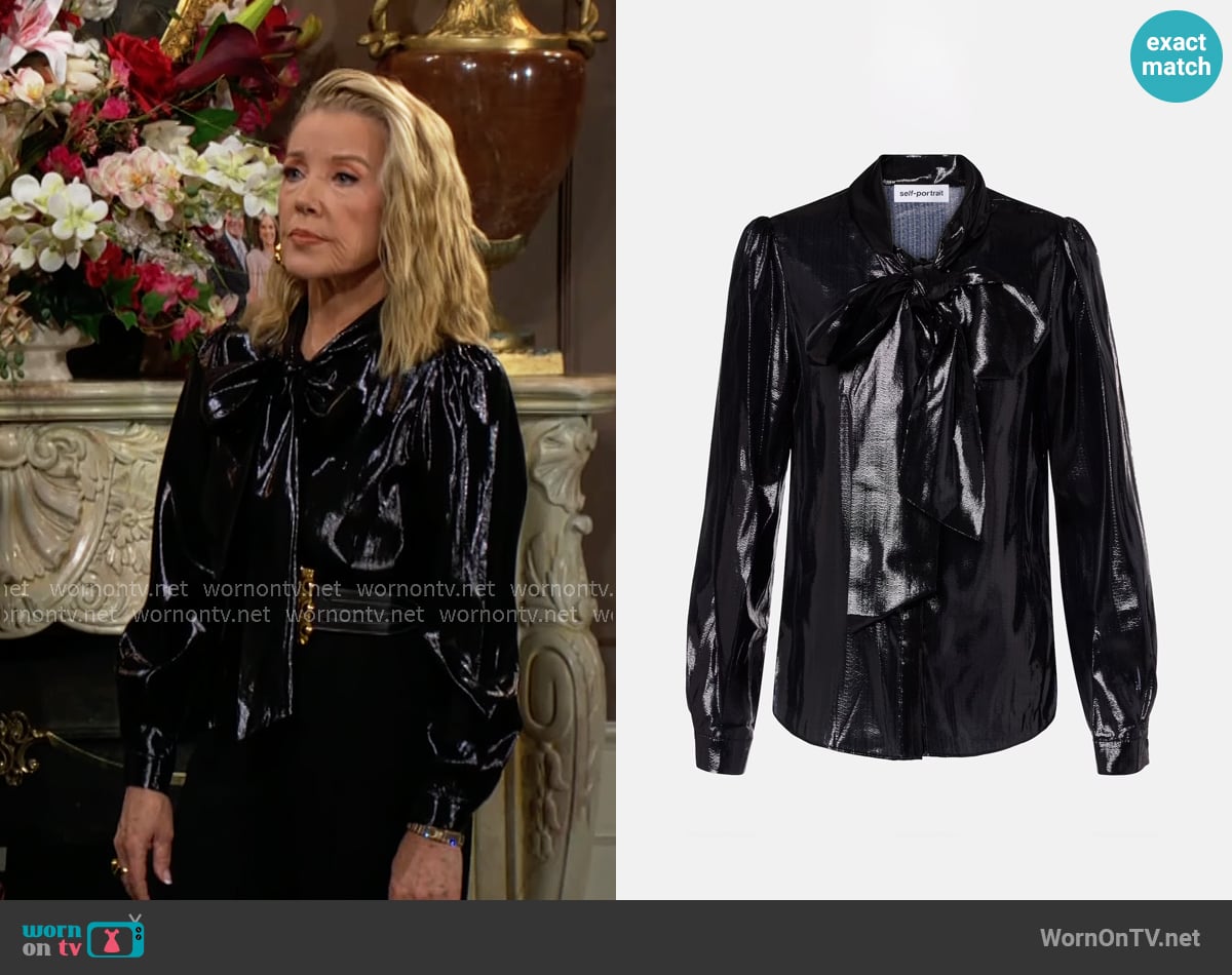 Nikki’s metallic black tie-neck blouse on The Young and the Restless