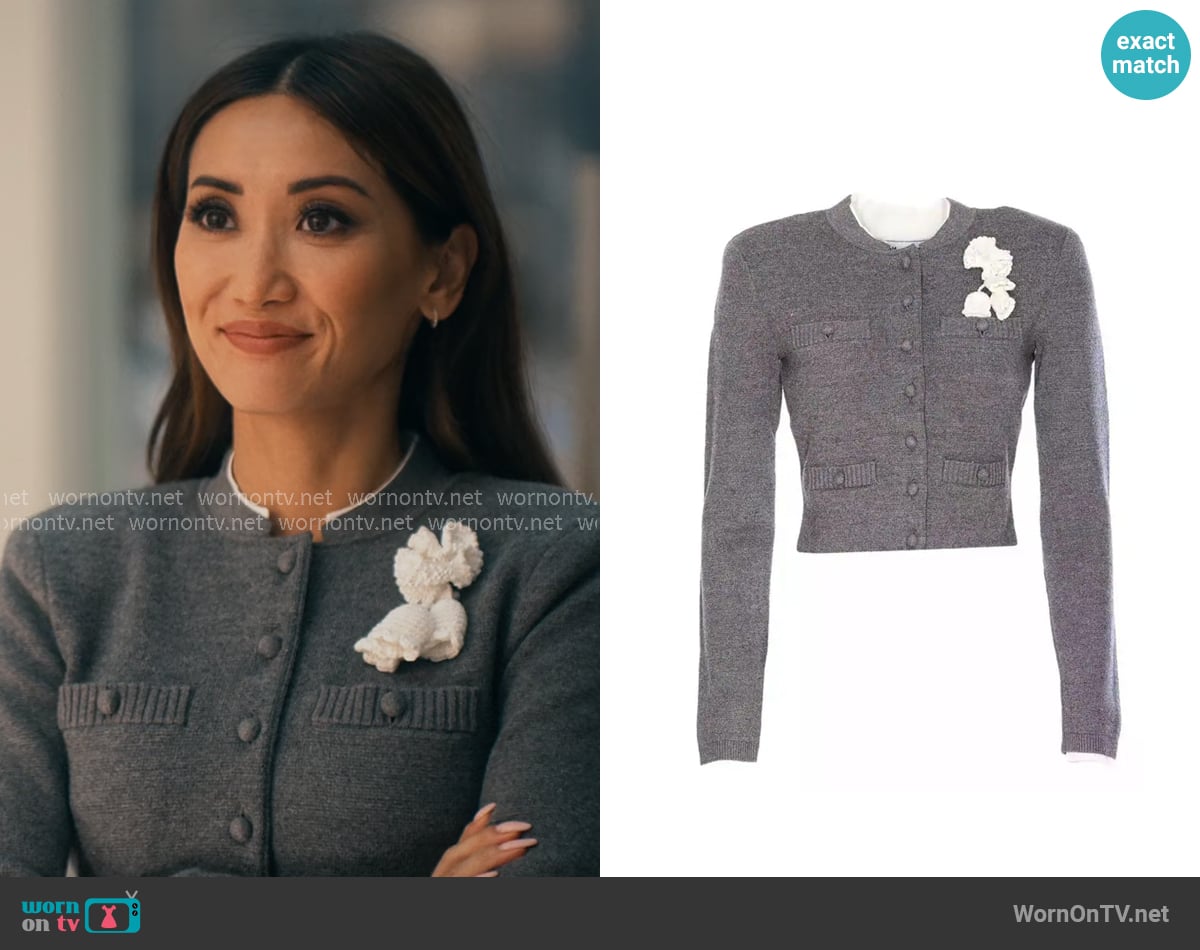 Self Portrait Crochet-flower button cardigan worn by Ali Lee (Brenda Song) on Running Point