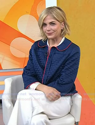 Selma Blair’s lip print pajama shirt and navy quilted jacket on Today