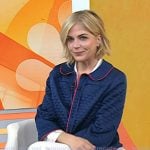 Selma Blair’s lip print pajama shirt and navy quilted jacket on Today