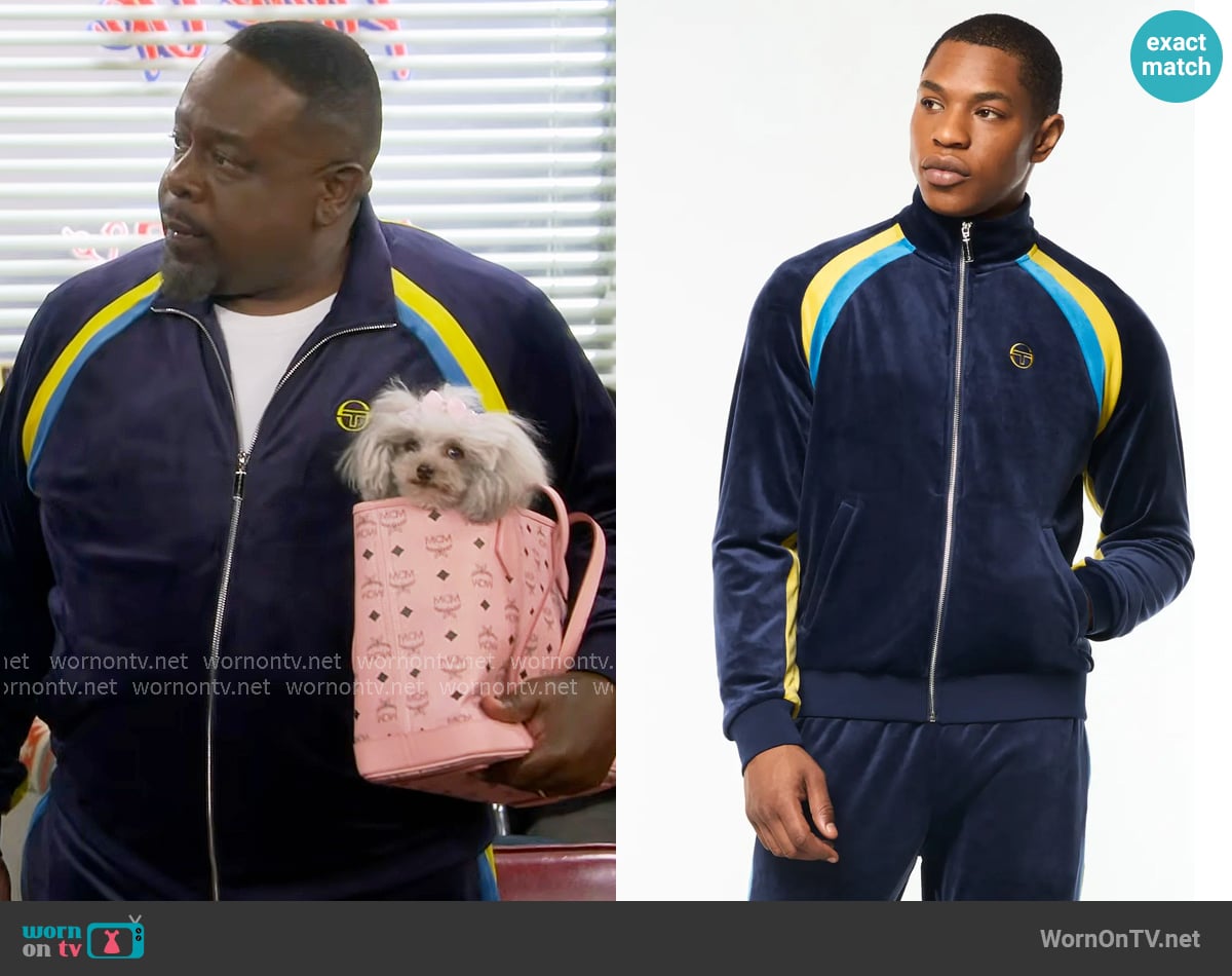 Sergio Tacchini Banda Velour Track Jacket in Maritime Blue worn by Calvin (Cedric The Entertainer) on The Neighborhood
