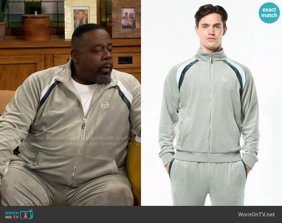 Sergio Tacchini Banda Velour Track Jacket in Slate Grey worn by Calvin (Cedric The Entertainer) on The Neighborhood