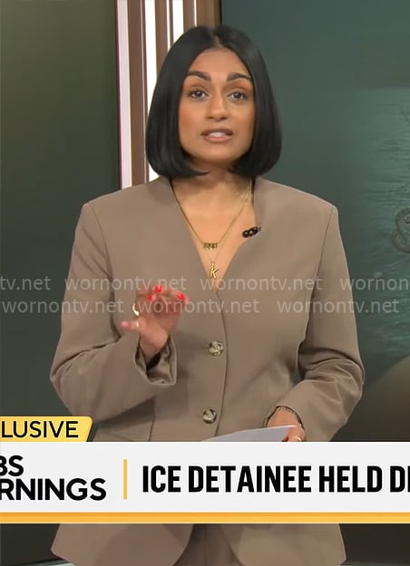 Shanelle Kaul’s taupe blazer on CBS Mornings