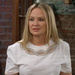 Sharon’s white beaded t-shirt with cutouts on The Young and the Restless