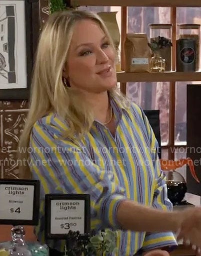 Sharon’s blue and yellow striped shirt on The Young and the Restless