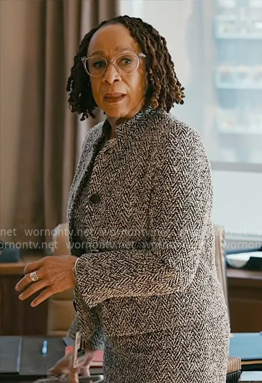 Sharon's herringbone tweed dress and jacket set on Chicago Med