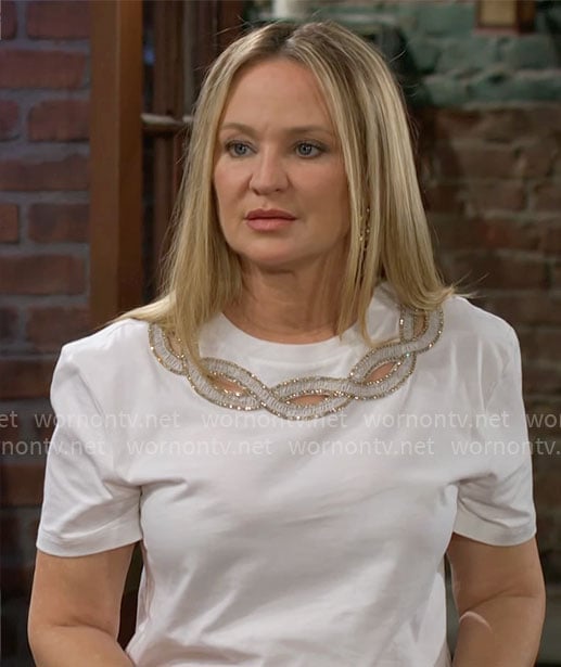 Sharon’s white beaded t-shirt with cutouts on The Young and the Restless