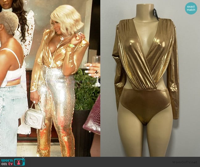 Shein Gold Shimmer Long Sleeve Bodysuit worn by Phaedra Parks on The Real Housewives of Atlanta