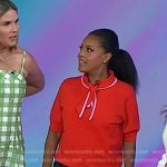 Sheinelle’s red contrast tie neck top and jeans on Today