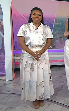 Sheinelle's ivory printed short sleeve top and pleated skirt on Today