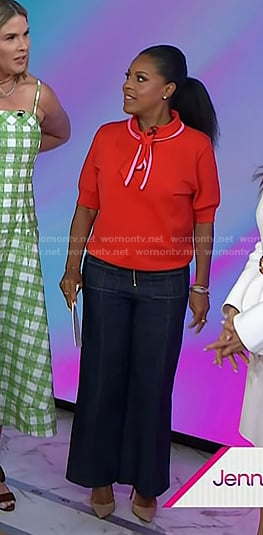 Sheinelle's red contrast tie neck top and jeans on Today