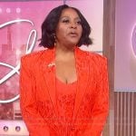 Sherri’s red floral blazer and pants on Sherri