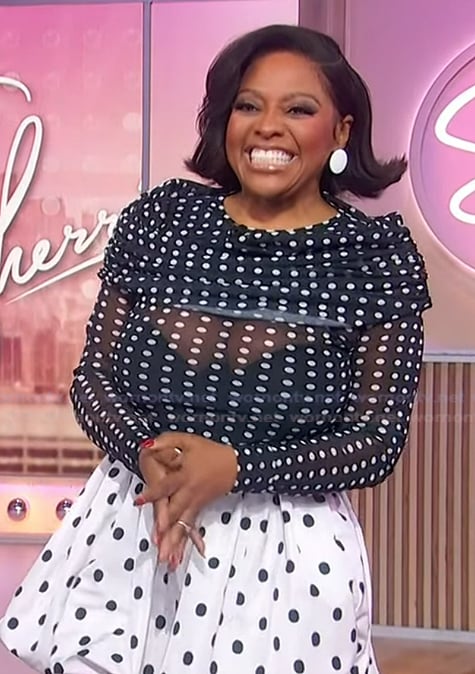 Sherri’s black mesh polka dot top and skirt on Sherri