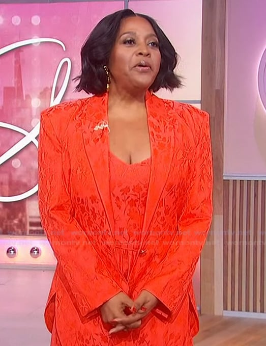 Sherri’s red floral blazer and pants on Sherri