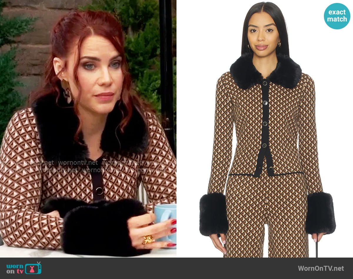 Show Me Your Mumu Chateau Cardigan in Carmel Geo Knit With Faux Fur worn by Sally Spectra (Courtney Hope) on The Young and the Restless