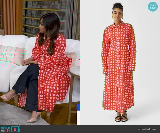 Simon Miller Loch Poplin Maxi Dress in Cherry Red Wavy Gingham worn by Morgan Norwood on Good Morning America