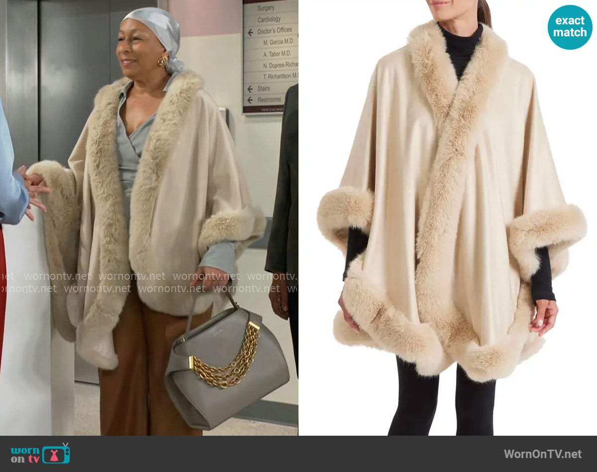Sofia Cashmere Faux Fur Trim Cashmere Cape worn by Anita Dupree (Tamara Tunie) on Beyond the Gates