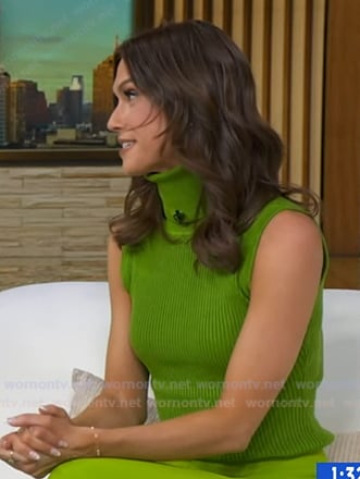Sophie Flay’s green turtleneck sleeveless sweater on Good Morning America