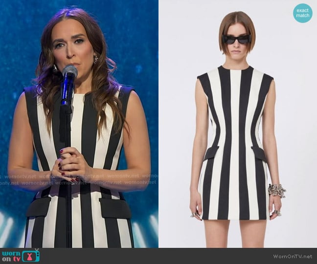 Jessica Vosk’s black striped sleeveless mini dress on GMA Jessica Vosk’s black striped sleeveless mini dress on GMA