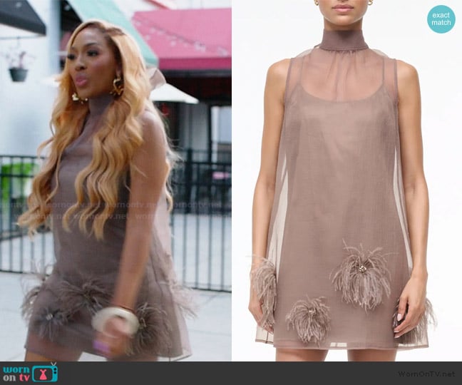 Staud Albee Feather Puff Sleeveless Minidress worn by Drew Sidora on The Real Housewives of Atlanta