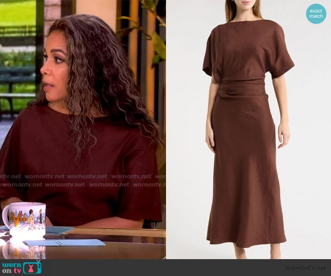 Staud Amelie Ruched Waist Linen Blend Dress worn by Sunny Hostin on The View