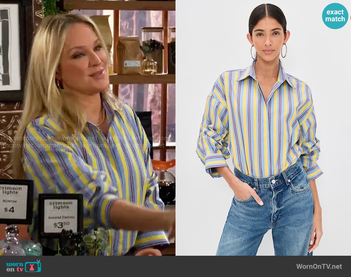 Staud Traverse Bodysuit in Linus Stripe worn by Sharon Newman (Sharon Case) on The Young and the Restless
