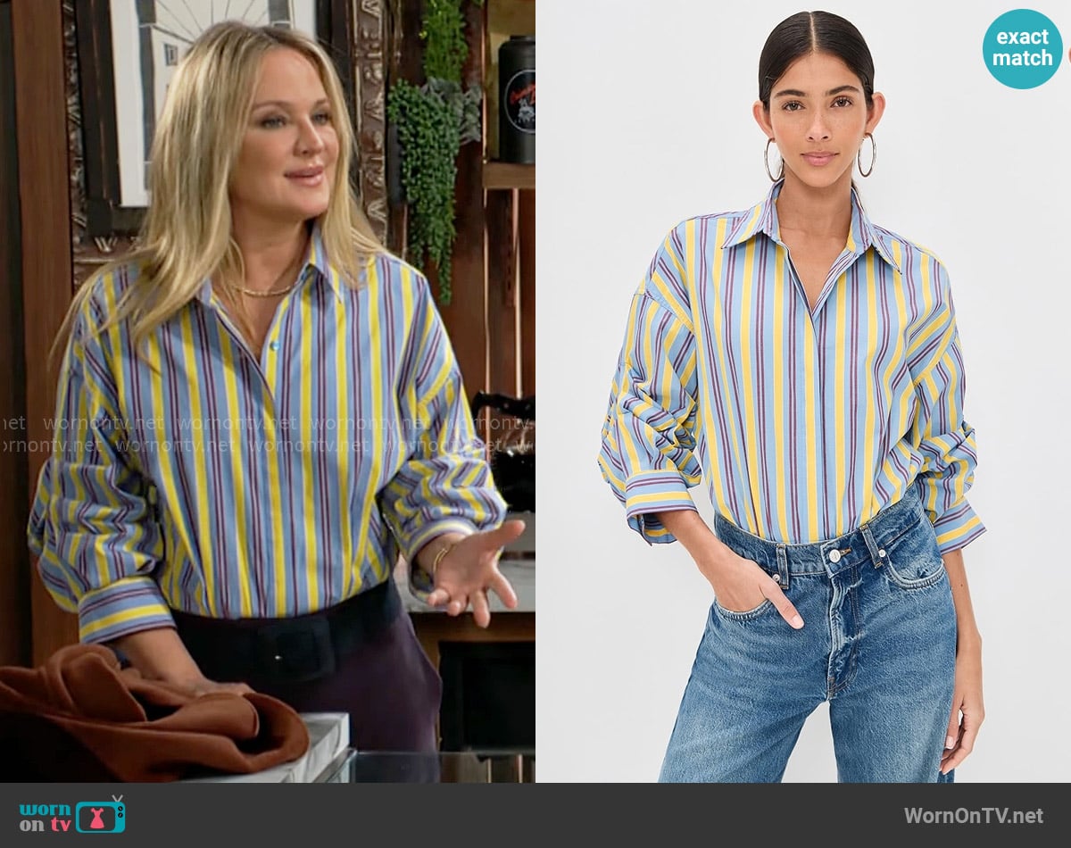 Staud Traverse Bodysuit in Linus Stripe worn by Sharon Newman (Sharon Case) on The Young and the Restless