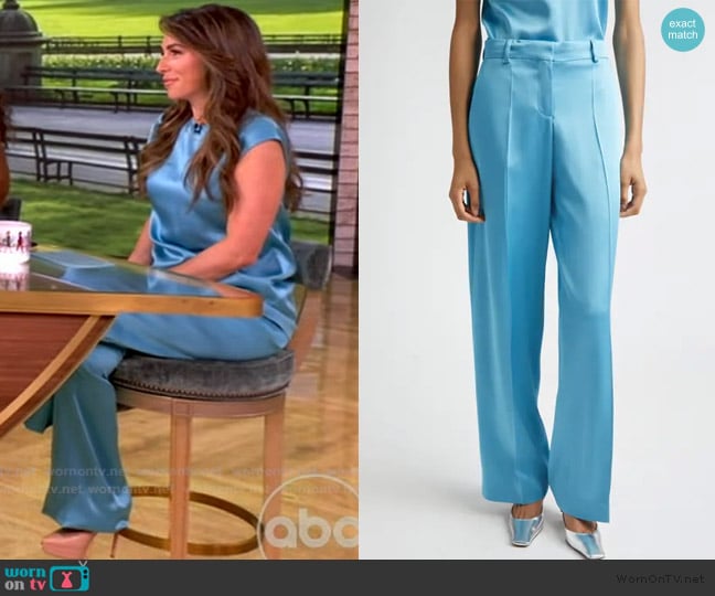 Alyssa’s blue satin pants on The View
