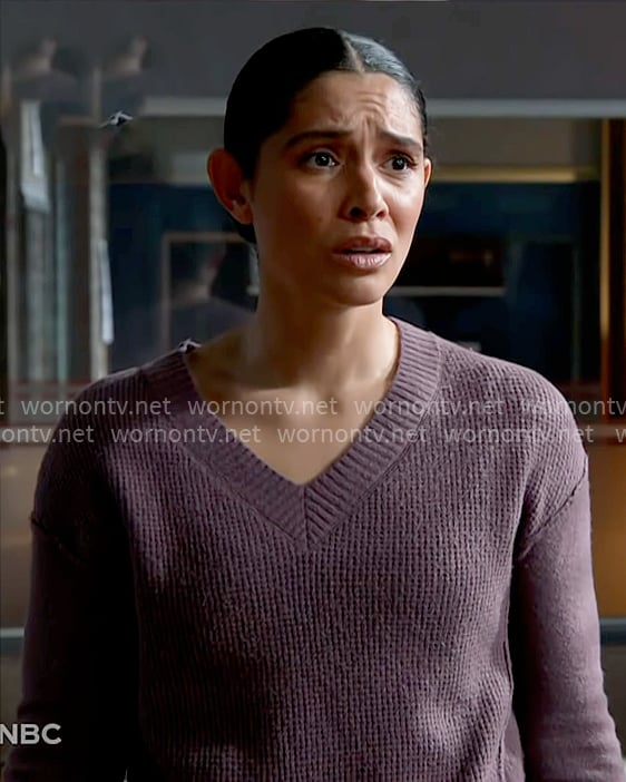 Stella’s purple v-neck sweater on Chicago Fire
