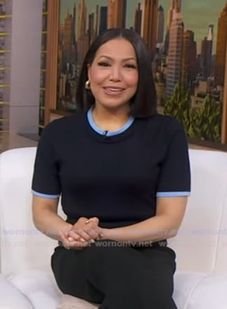 Stephanie’s navy contrast trim short sleeve sweater on Good Morning America
