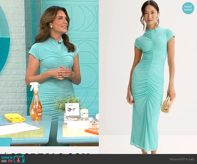 Adriane Kiss’s aqua ruched front dress on CBS Mornings