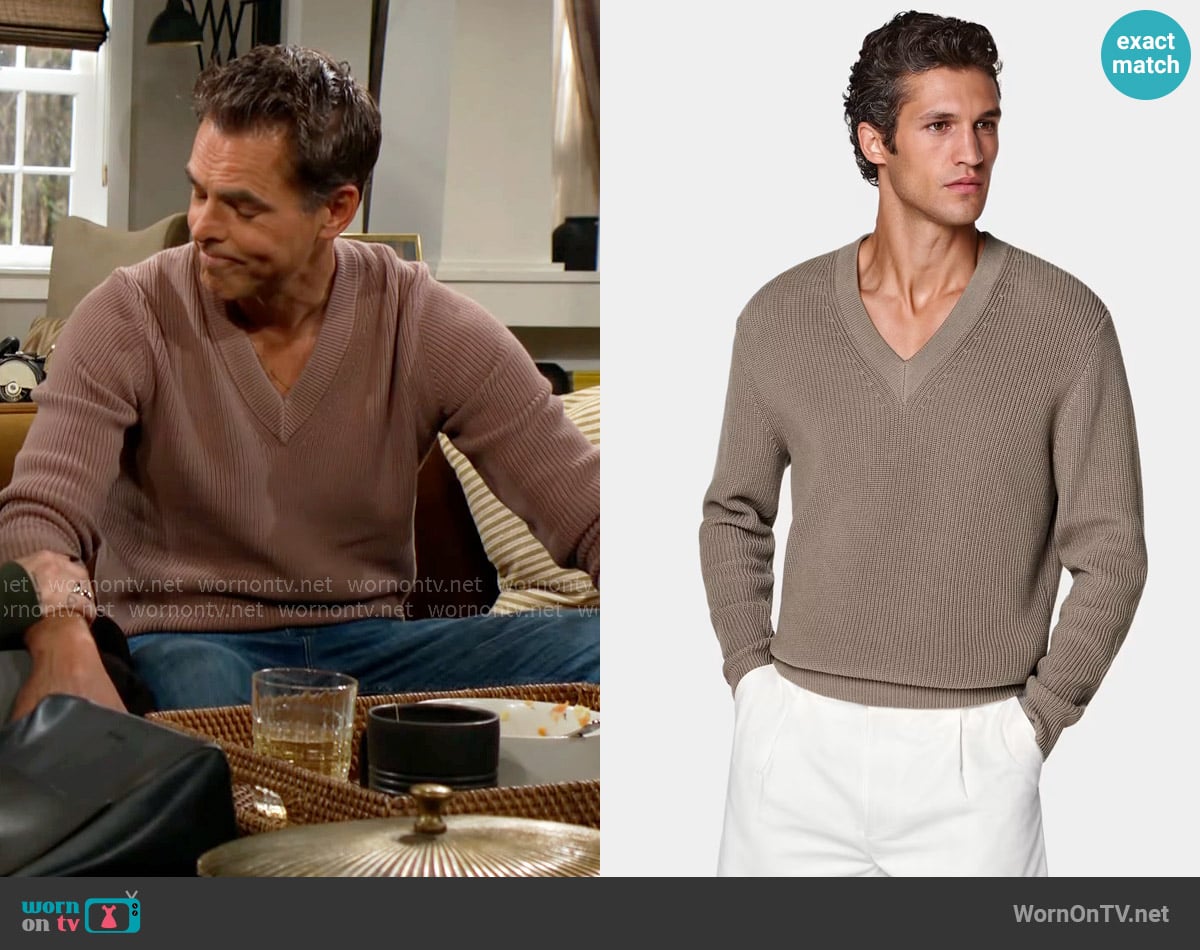 Billy’s taupe v-neck sweater on The Young and the Restless