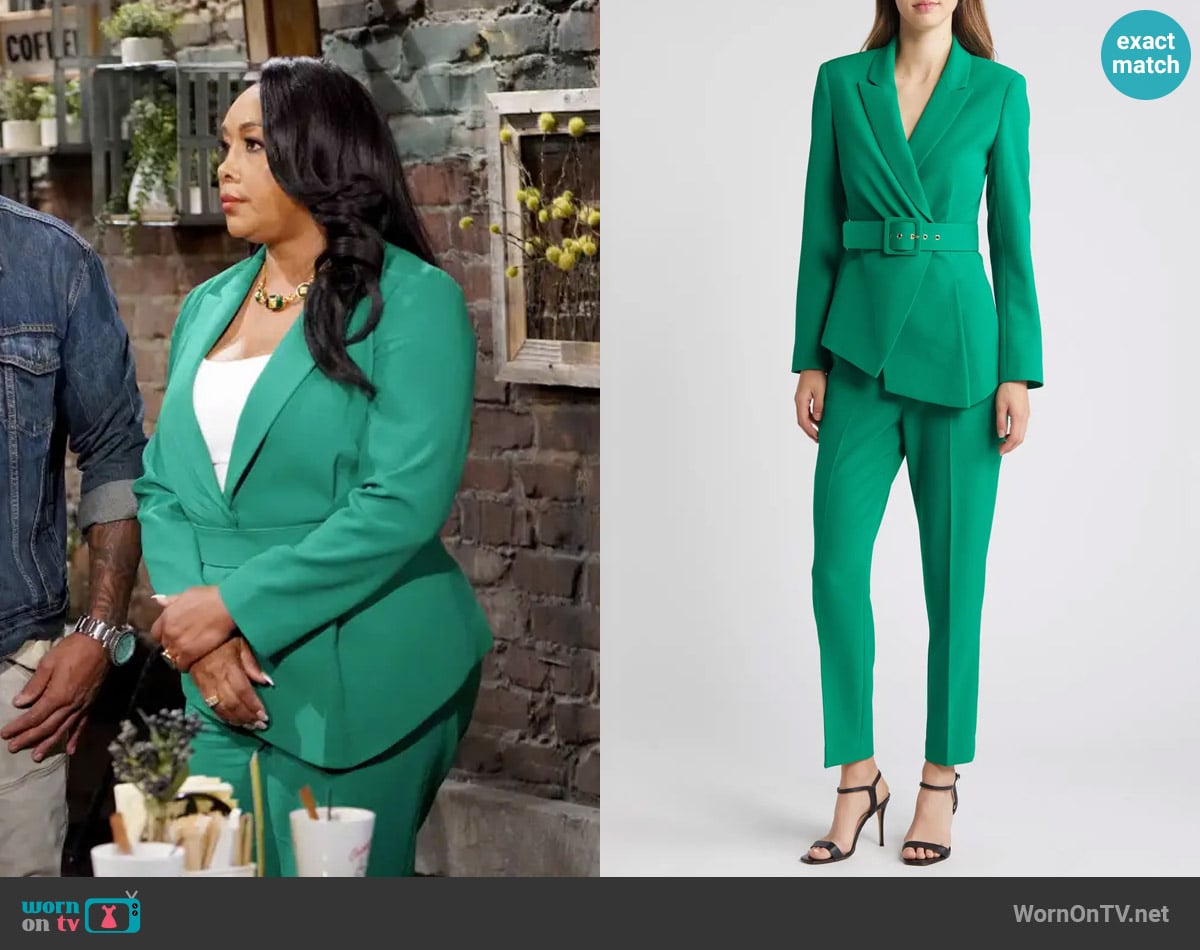 Tahari ASL Peak Lapel Belted Blazer & Pants Set in Emerald worn by Stephanie (Vivica A. Fox) on The Young and the Restless