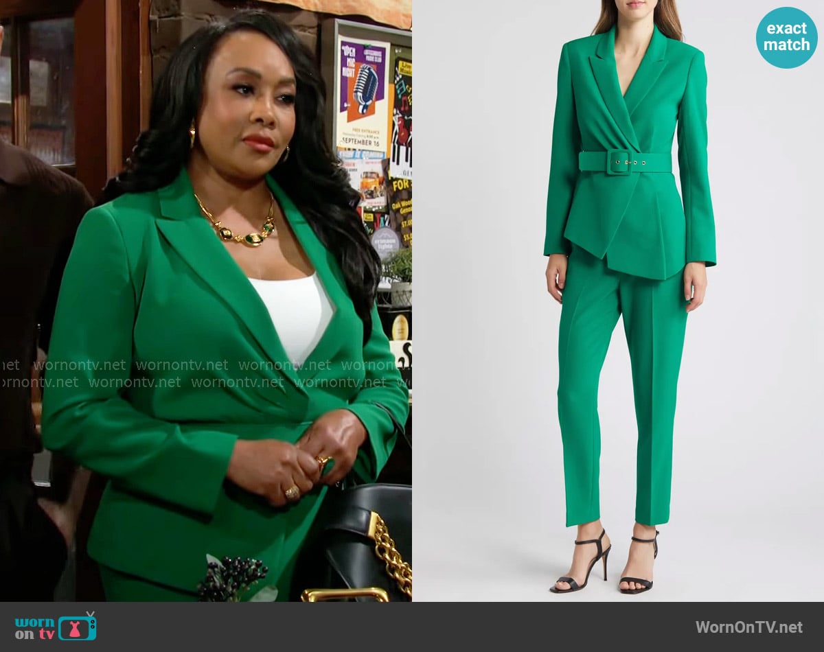 Tahari ASL Peak Lapel Belted Blazer & Pants Set in Emerald worn by Stephanie (Vivica A. Fox) on The Young and the Restless