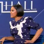 Tamron’s blue bow print ruffle dress on Tamron Hall Show