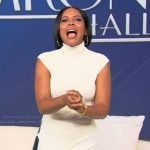 Tamron’s white ruched dress on Tamron Hall Show