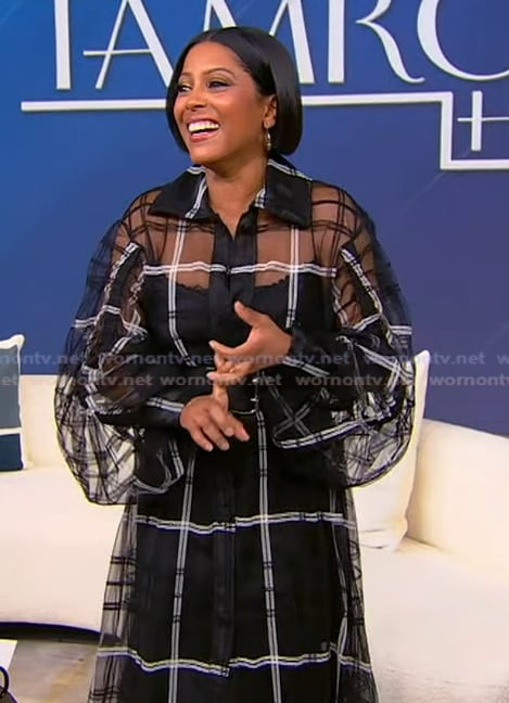 Tamron’s black sheer check dress on Tamron Hall Show