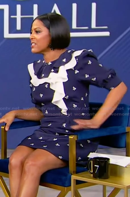 Tamron's blue bow print ruffle dress on Tamron Hall Show