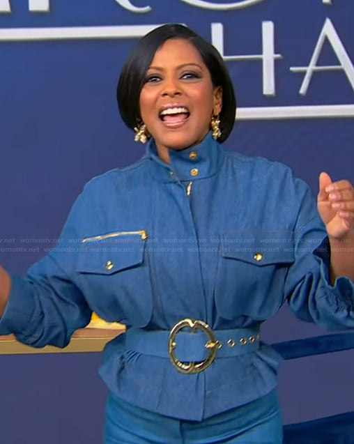 Tamron's blue jacket and skirt on Tamron Hall Show