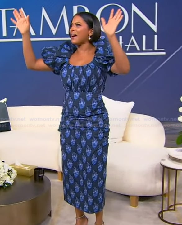 Tamron’s blue printed puff sleeve dress on Tamron Hall Show