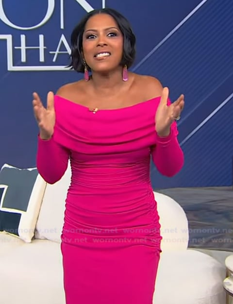 Tamron’s pink off shoulder dress on Tamron Hall Show