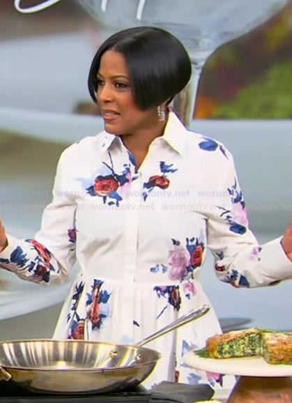 Tamron's white floral shirtdress on Tamron Hall Show