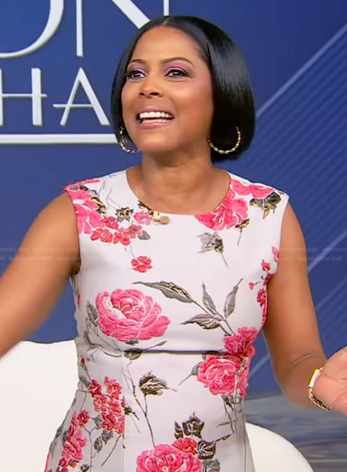 Tamron’s white floral sleeveless dress on Tamron Hall Show