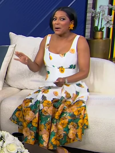 Tamron's white floral sleeveless dress on Tamron Hall Show