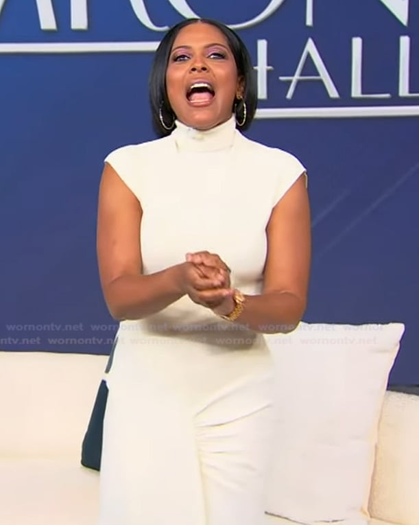 Tamron’s white ruched dress on Tamron Hall Show