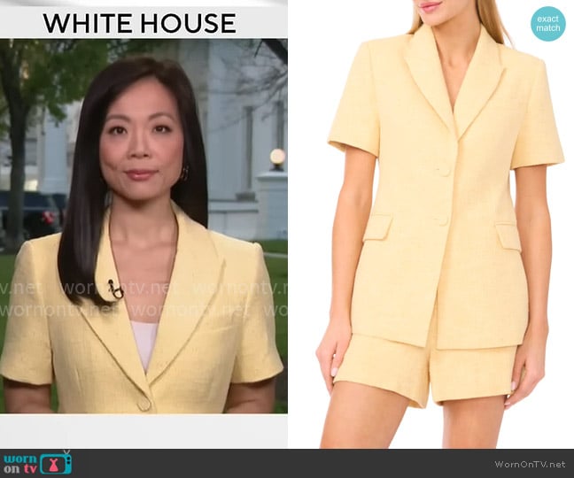 Weijia Jiang’s yellow short sleeve jacket on CBS Mornings