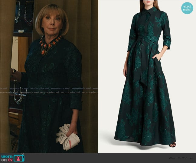 Izzy’s teal floral shirtdress on Elsbeth