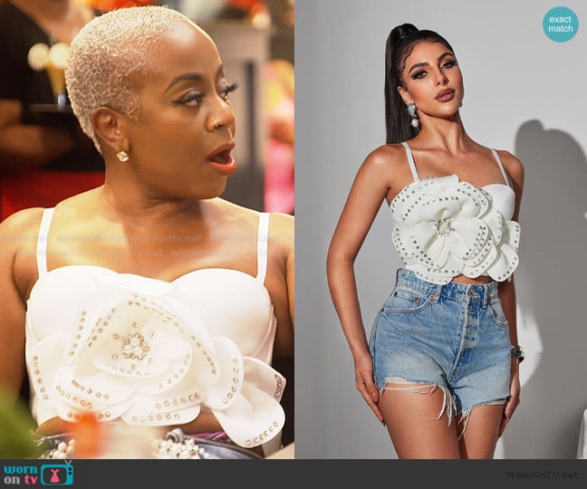 Tevion Sphaghetti Flower Rhinestone Top by Mew Mews Trevion Spaghetti Flower Rhinestone Top worn by Pinky Cole on The Real Housewives of Atlanta