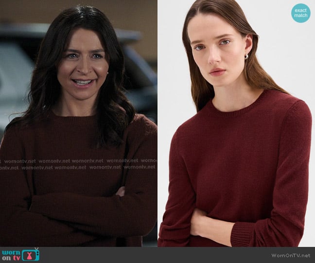 Theory Crewneck Sweater in Feather Cashmere worn by Amelia Shepherd (Caterina Scorsone) on Greys Anatomy